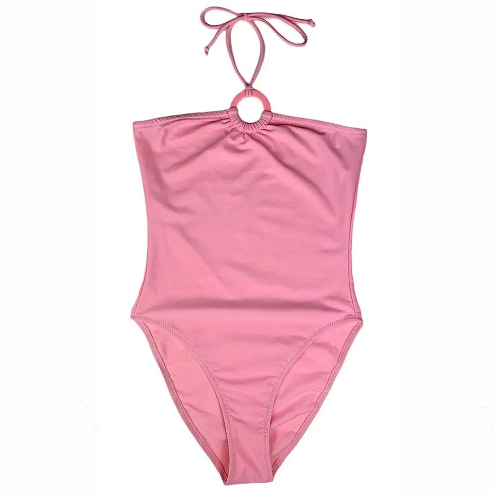 Pastel High-Leg O-Ring Halter One-Piece Swimsuit in Ballet Pink - Picture 2 of 10